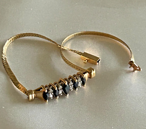 VTG 14K SOLID YELLOW GOLD SAPPHIRE & DIAMOND TENNIS BRACELET 7 INCH 4.3 GRAMS