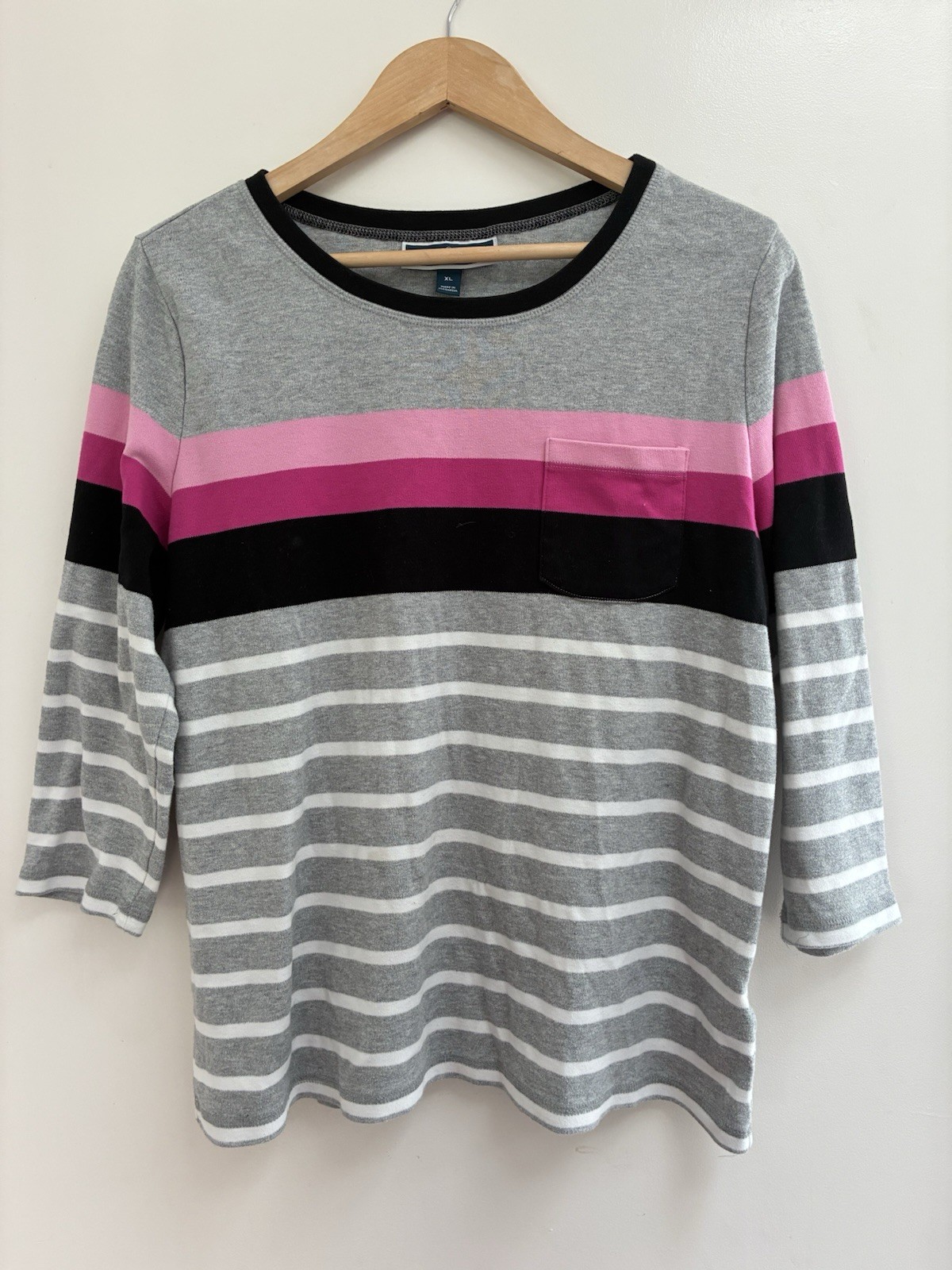 Karen Scott Sport Women's Striped Cotton Blend Crewneck 3/4 Sleeve Shirt Gray XL