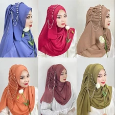 Women's Ethnic Hijabs Pearls Women Long Scarf Shawl Elegant Solid Color Turban