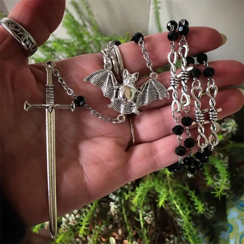 Collar Rosario Bruja Oculta Gótica Espada Tarot Y2K Murciélago Pequeñas Espinas Cuentas - Imagen 19 de 26