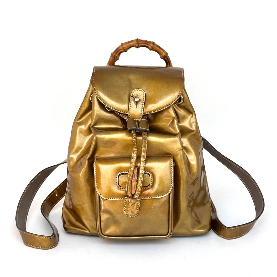 GUCCI Mochila Bambú Dorado Charol Esmalte Cartera Auténtica de Japón Foto 2 de 4