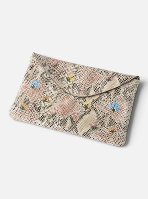 Anthropologie Leather Snake Print Embroidered Floral Clutch Bag