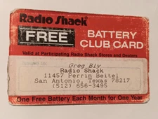 Radio Shack Free Battery Club Card Enercell San Antonio Texas 1970's or 80's