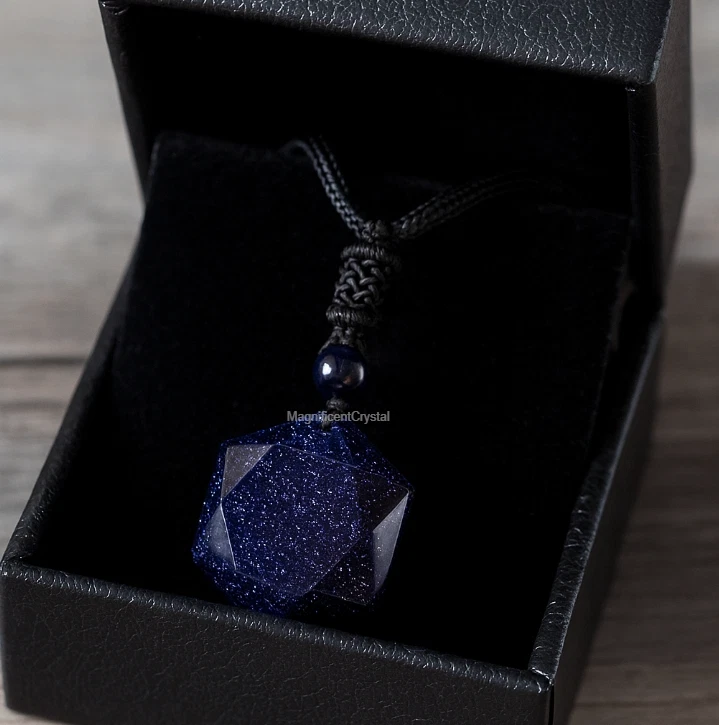 Blue Goldstone Hexagon Talisman Pendant Amulet Necklace Men Women Stone Jewelry - Image 2 of 4