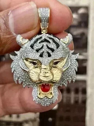 14K Yellow Gold Plated 3Ct Round Cut Lab Created Diamond Men Tiger Face Pendant