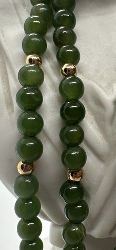Vintage Nephrite Jade Necklace w/ 14K Gold Clasp Minimalist Beads Hand Knotted