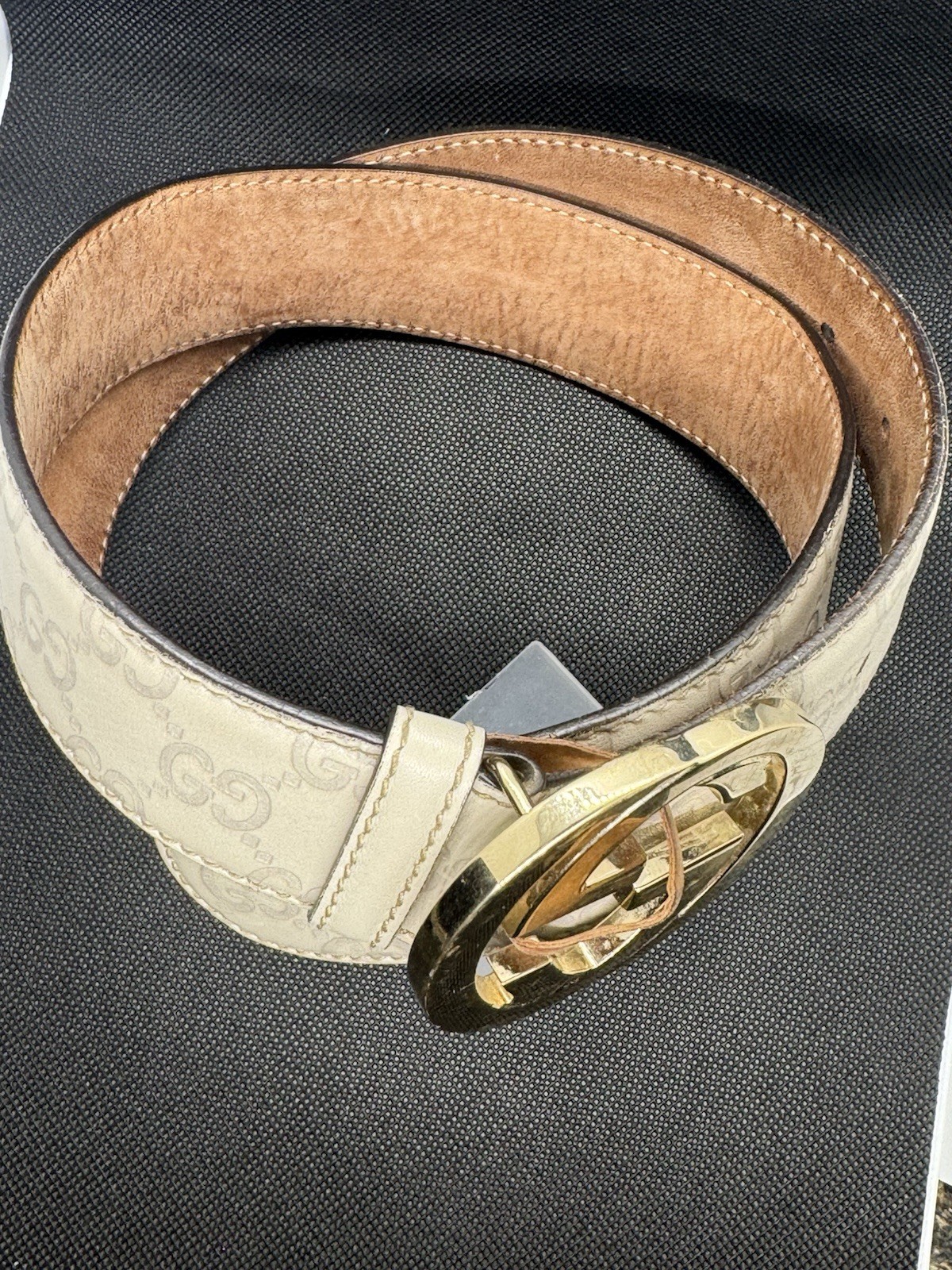 Gucci Beige Guccissima Leather Interlocking G Buckle Belt Size 85 34