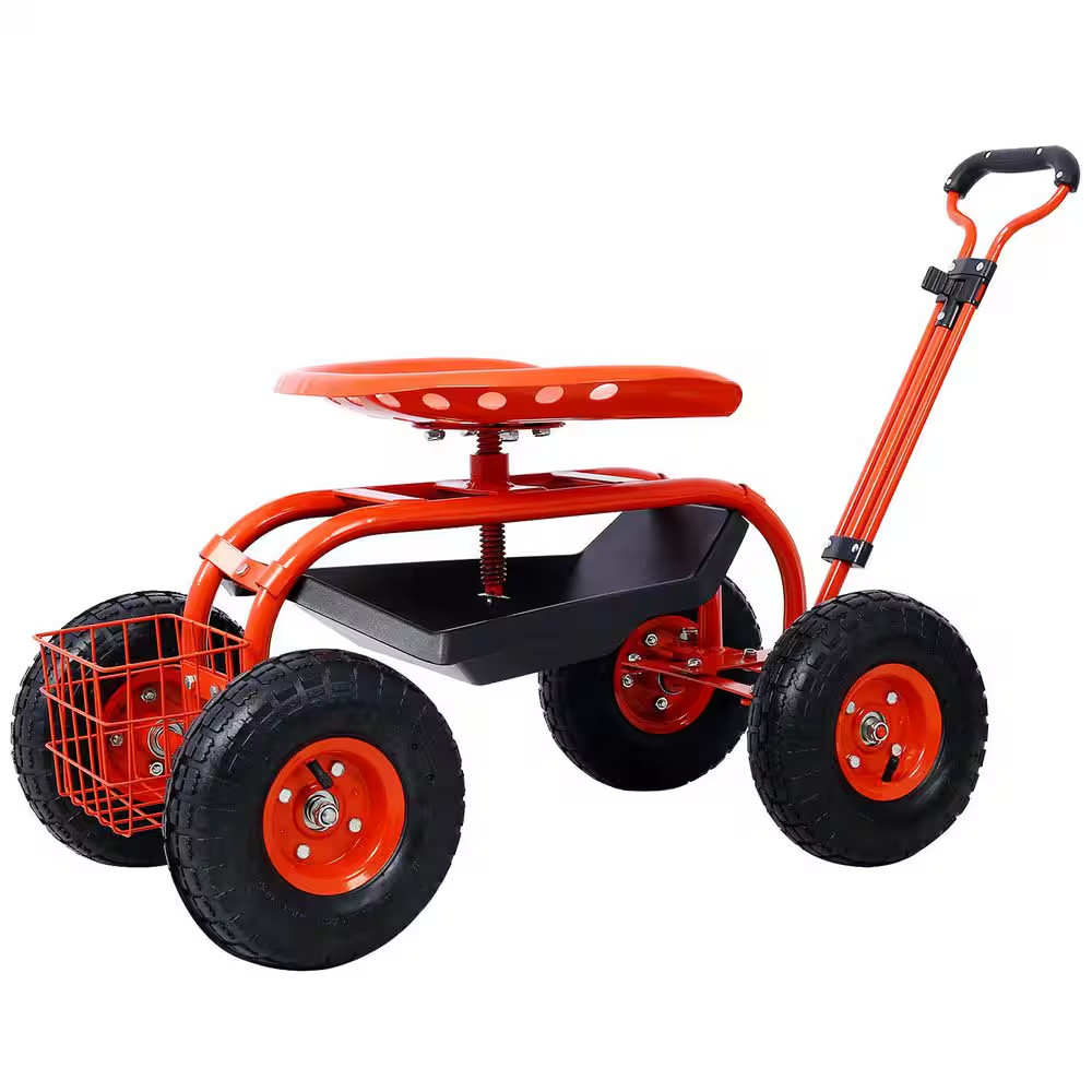 Red Steel Rolling Garden Scooter Garden Cart Seat with Wheels and Tool Tray, 360
