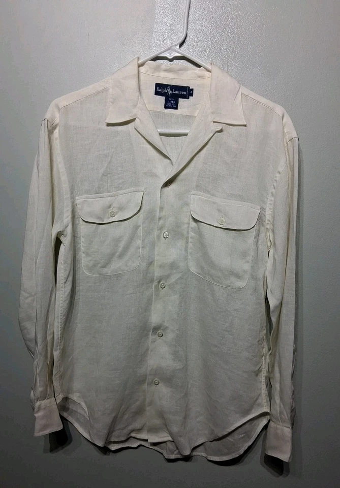 Blusa Ralph Lauren Vintage Para Mujer Blanca Lino Manga Larga Botón Delantero Talla 4 Foto 2 de 4
