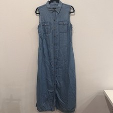 Talbots Chambray Dress Womens 8 Blue Button Front A Line Pockets Lyocell Summer