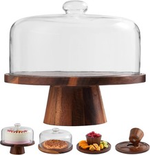 Acacia Wood Cake Stand with Glass Lid  12" Magnetic Base for Parties Kitchen