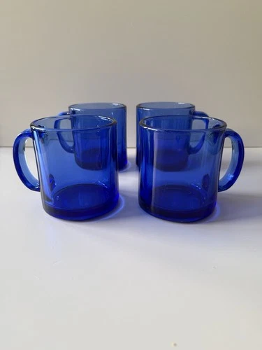 Set of 4 Vintage Arcoroc France Cobalt Blue Glass Coffee Tea Cups Mugs