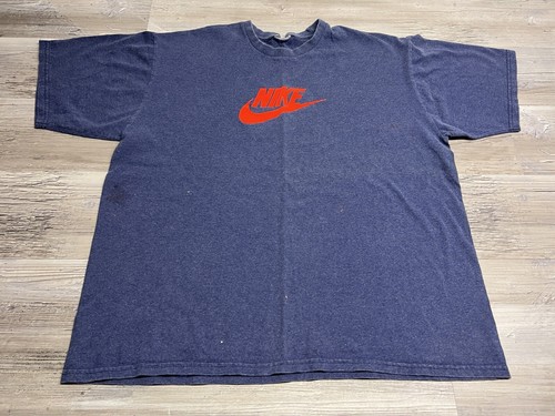 Vintage Nike T-Shirt Flocked Logo Swoosh Spell Out Faded Blue Size XL Boxy Fit