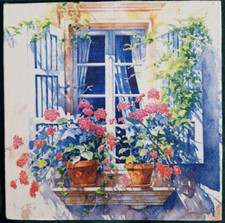 hübsches Fenster - Bild / Handarbeit aus Serviette auf Leinwandplatte