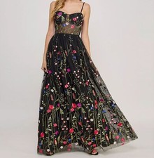 City Studio Women Juniors Black Floral-Embroidery Illusion-Corset Dress Size 1/2