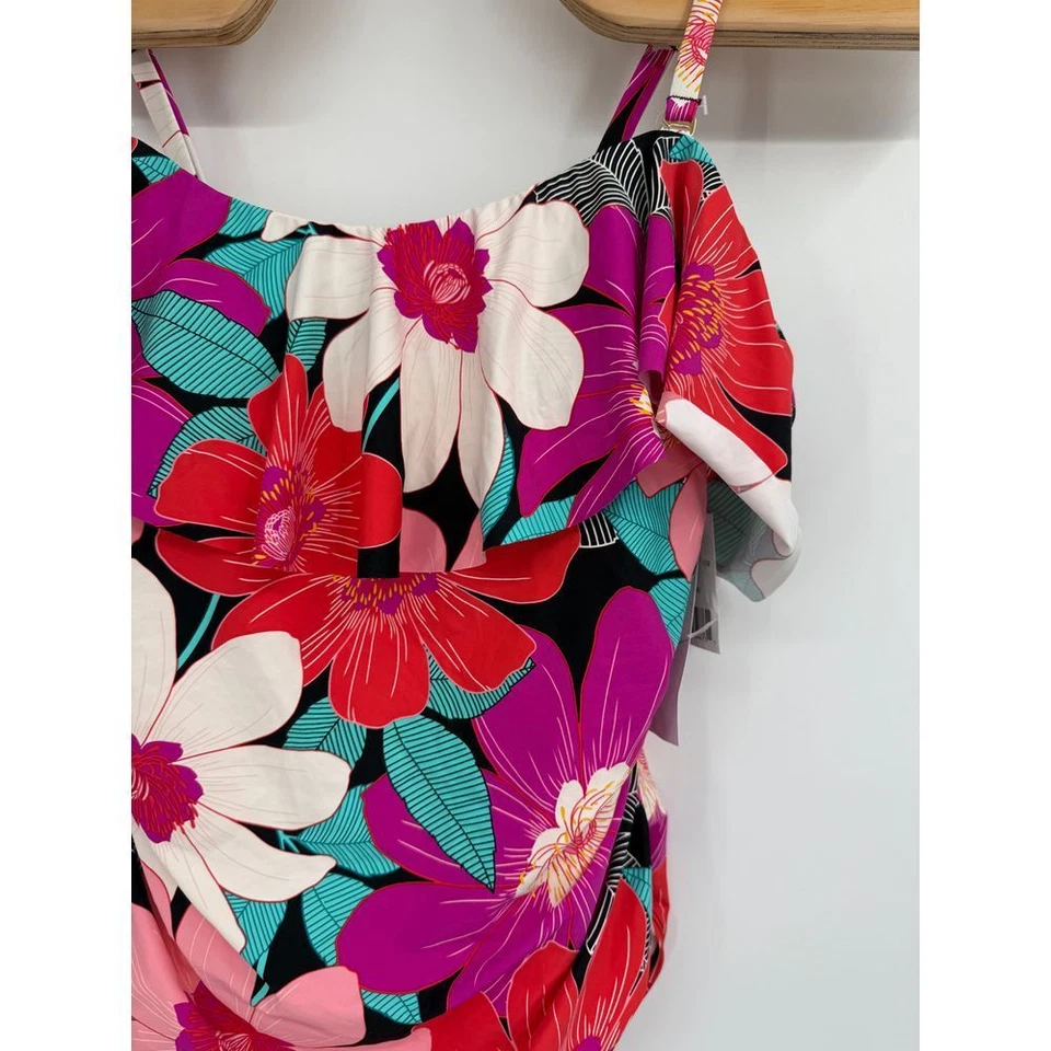 $135 La Blanca Women's Red Purple Tropical Ruffle One-Piece Swimwear NWT 18W - Image 2 of 4