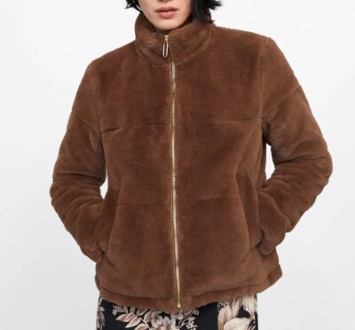 Womens Zara Faux Fur Mink Coat Jacket XS Brown teddy gold zip