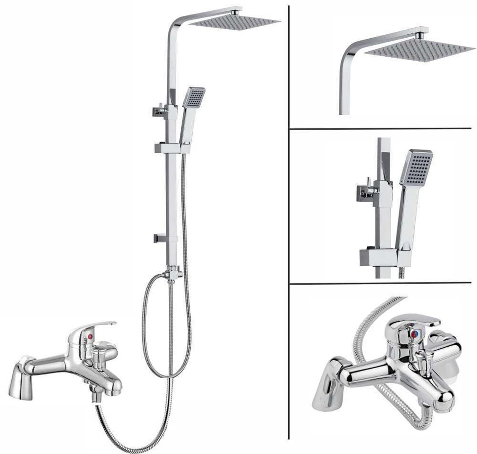 BW-HOUSEWARE Shower Kit Twin Head Chrome Square Fixed Head Riser Rail With Bath Mixer Tap Set