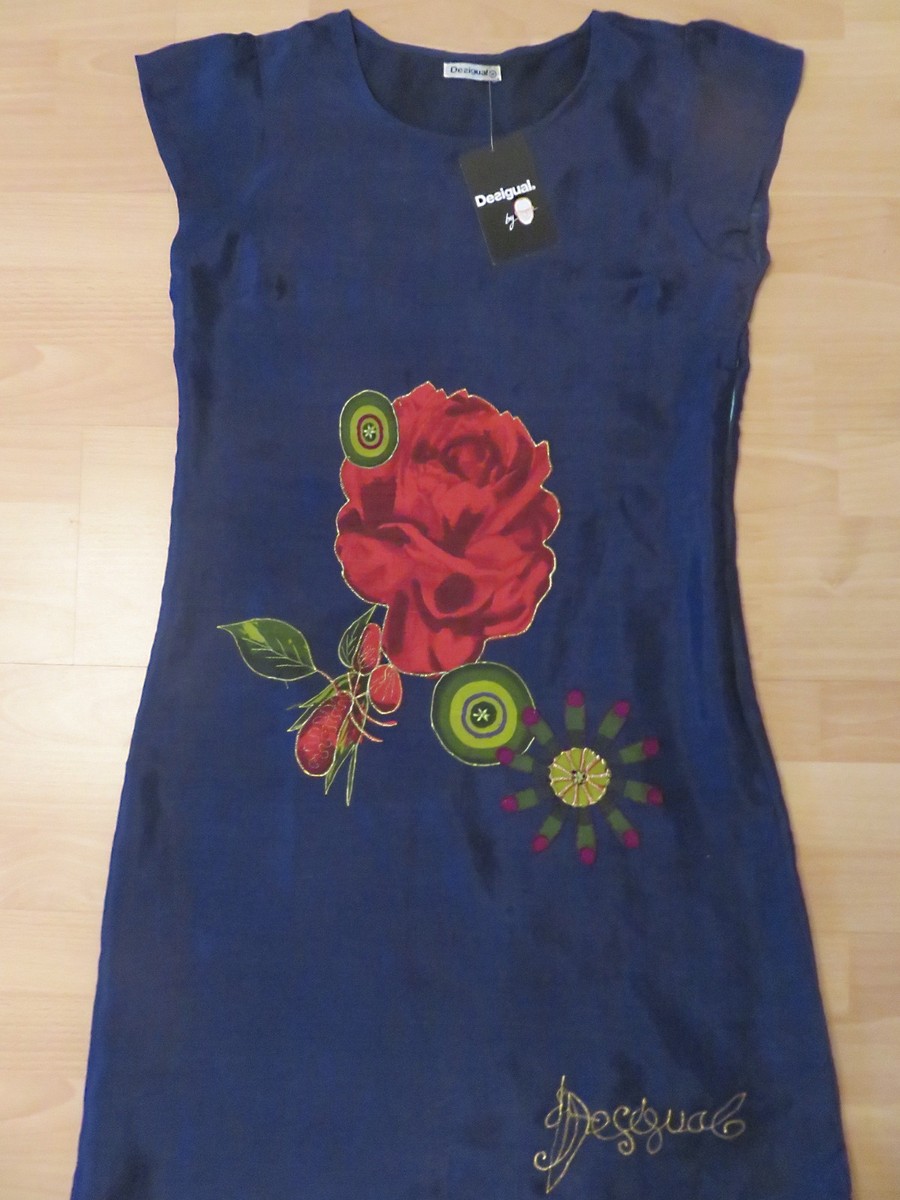 DESIGUAL EVENING DRESS DARK BLUE MULTI COLOR PRINT LINED SUMMER LOGO NEW  S/M | eBay