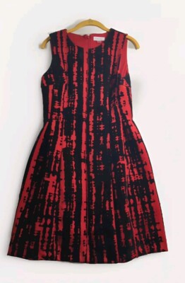 Calvin Klein Velvet Burnout Red Black Flare Sleeveless Dress Christmas  Party S10 | eBay