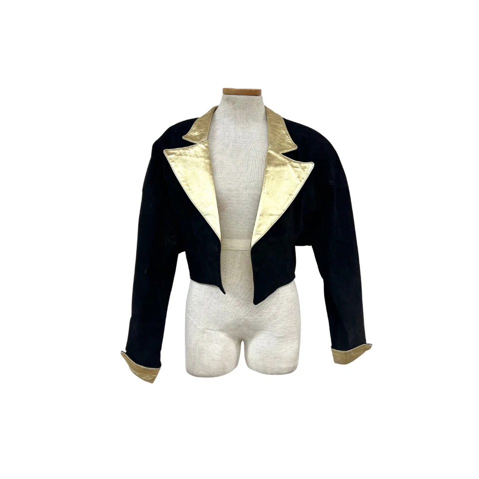 Vintage 1980s Philip Noel Black & Gold Suede and Leather Cropped Jacket - Image 3 of 4