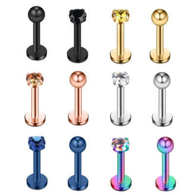 12PCS 16G Stainless Steel CZ Lip Ring Stud Labret Monroe Helix Tragus Piercing