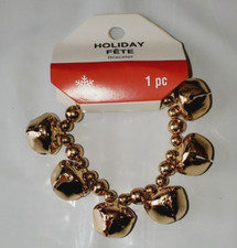 Holiday Christmas Metal Jingle Bell Stretch Bracelet Gold Color NEW