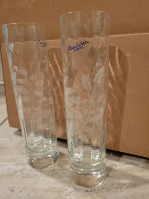 Set of 2 Pasabahce, Turkey, Bud Vases, 8'', Etched, Vines, Leaves, Optic Swirl