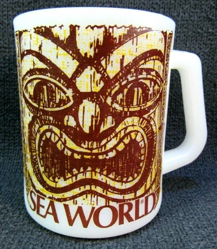 Sea World Cup Mug Tiki Federal WHITE Milk Glass vintage 10oz coffee tea VTG