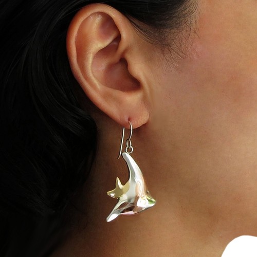 925 Sterling Silver Fish Earrings Quality Mixed Metal Angelfish Large Drops - Picture 2 of 6