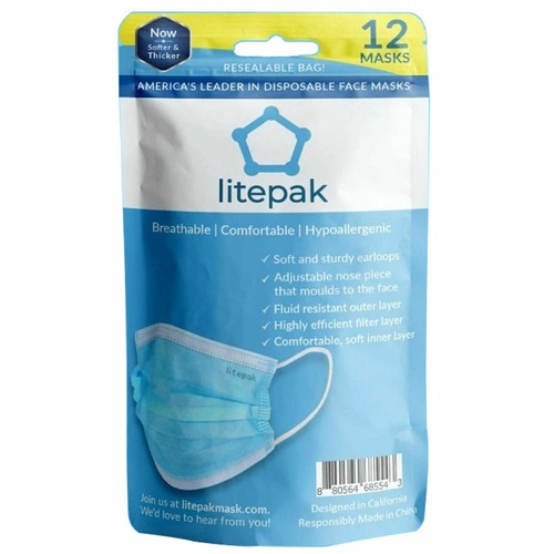 12ct Litepak Premium Disposable 3 Ply Face Mask in Resealable Bag With Hang Tab - Picture 3 of 8