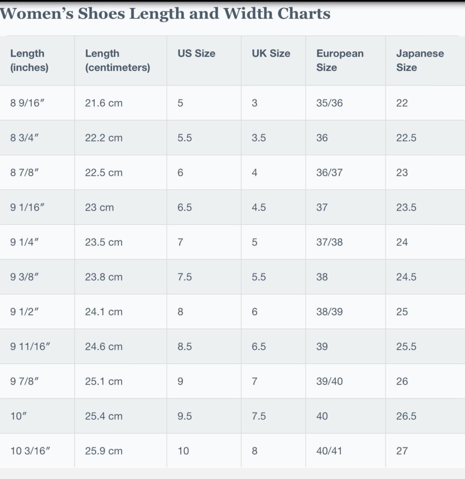Womens Shoe Size Conversion Chart - US UK EU & Japanese - Reference | eBay