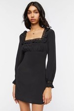 NWT‼ FOREVER 21 L Black Ruffle Lace Trim Peasant-Sleeve Mini Dress Square Neck