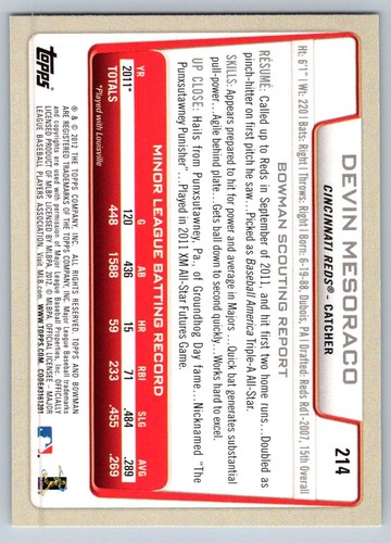 2012 Bowman #214 Devin Mesoraco Blue NM+ - Picture 2 of 2