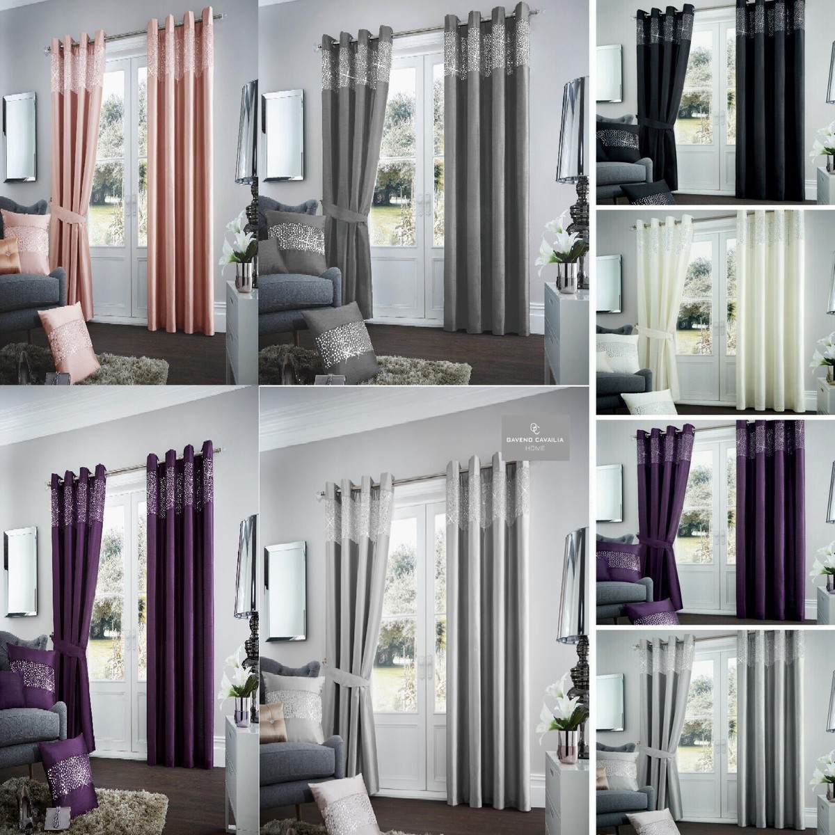 PAR DE CORTINAS DE OJAL DE SEDA FALSA DE LUJO YA HECHAS COMPLETAMENTE FORRADAS + ATADURAS (AVIV)