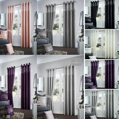 GAVENO CAVAILIA PAR DE CORTINAS DE OJAL DE SEDA FALSA DE LUJO YA HECHAS COMPLETAMENTE FORRADAS + ATADURAS (AVIV)