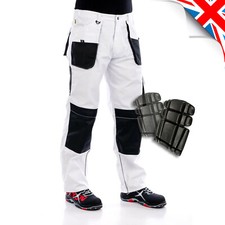 White CLASSIC WORK TROUSERS Decorators Style Pants Knee Pad Pocket reinforced