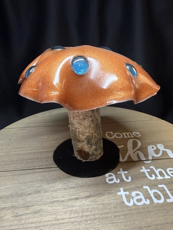Indoor Hard Resin Rust Color Top With Glass Beads And Real Wood Log Stem