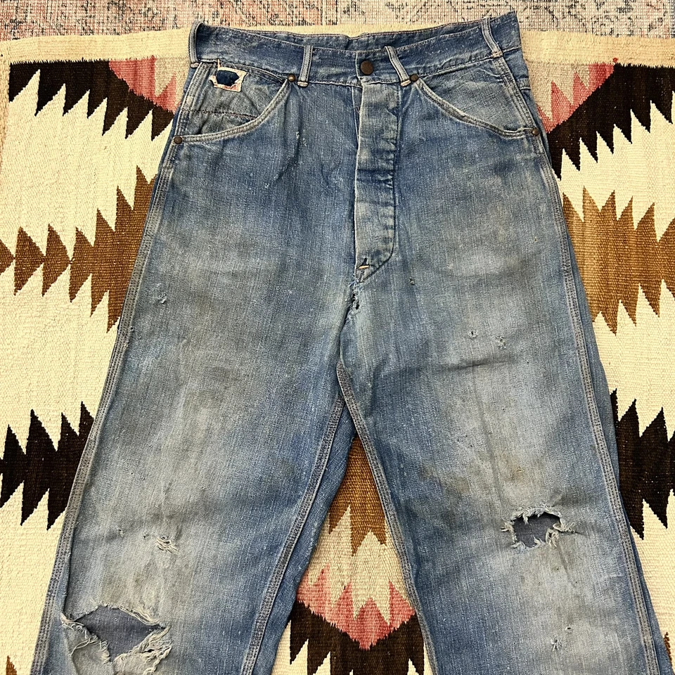 Jeans de mezclilla vintage de los años 40 rojo camel con botones aplastados ropa de trabajo talla 30 Foto 3 de 4