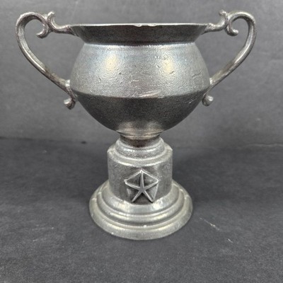 Vintage Pewter Mini Trophy Cup Urn Vase Star Handles Silver Tone 5'' Decor