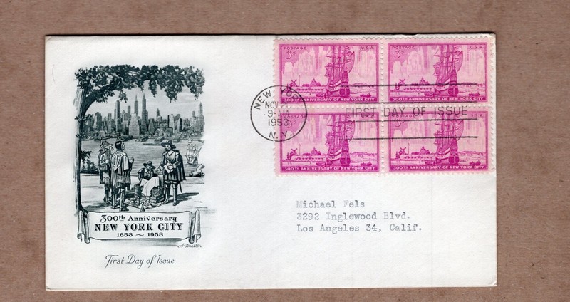 1953 #1027 NEW YORK CITY 300TH ANNIV. BLOCK OF 4 FDC W/ ARTMASTER CACHET GEM!