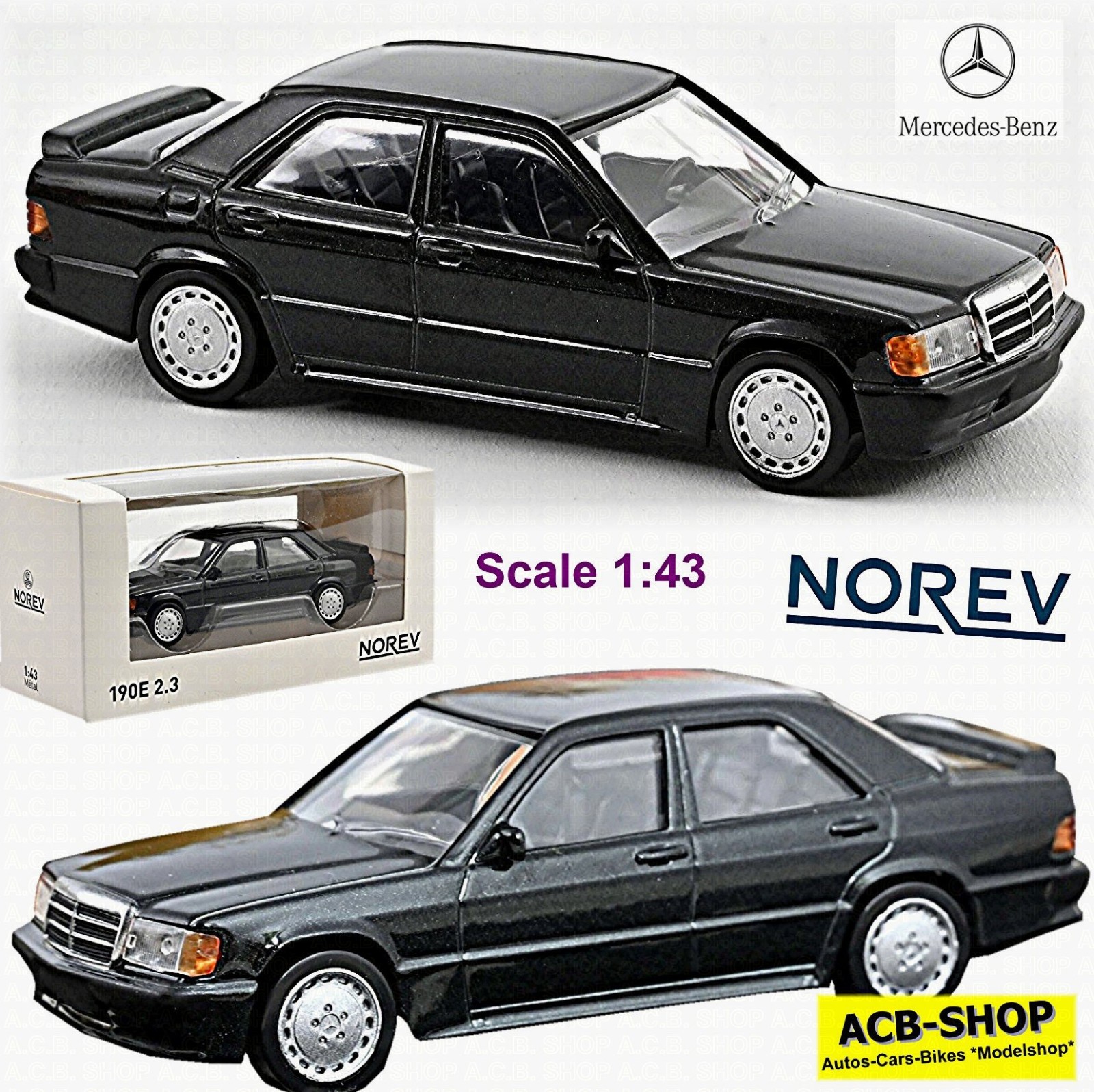 Mercedes Benz 190E 2,3-16 W201 Limousine 1982-87 schwarz black 1:43 Norev 351195