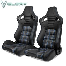 Universal Racing Seat Reclinable 2pc Dual Slider Pu Carbon Leather Blue Plaid