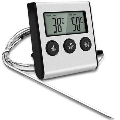 Fleischthermometer Digital LCD mit Timer, Edelstahl, bis 300°C, Greluma
