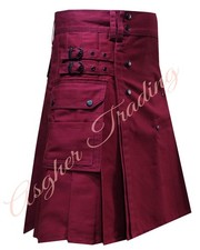 Handmade Burgundy Cotton Utility Kilt Tactical kilt, Custom Size Hybrid kilts