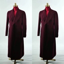 Burgundy Wool Men's Long Overcoat Peak Lapel Formal Winter Overlength Men Coat