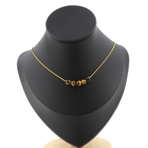 Halskette 5 Tigerauge Perlen 6 Mm. Kette Aus Edelstahl Vergoldet Halskette Fe-image