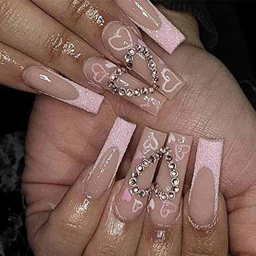 Glitter French Tips Press on Nails Long Square Fake Nails Pink Full French-1 - Bild 1 von 7
