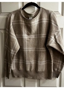 Cynthia Rowley~Plaid Knit Pullover Sweater~Crew Neck Long Sleeve~ Beige White L
