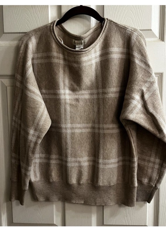 Cynthia Rowley~Plaid Knit Pullover Sweater~Crew Neck Long Sleeve~ Beige White L